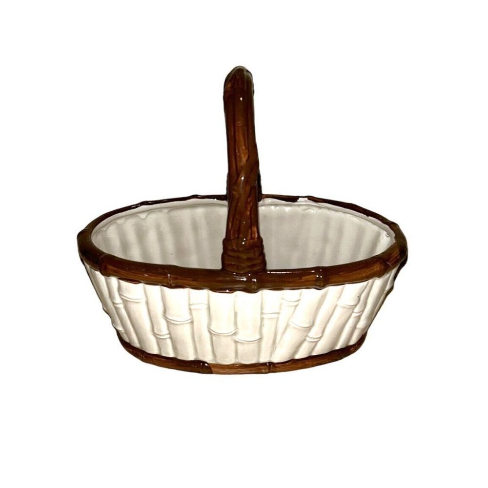Fitz and Floyd Vintage Glazed Ceramic Faux Bamboo Handled Decor Basket
